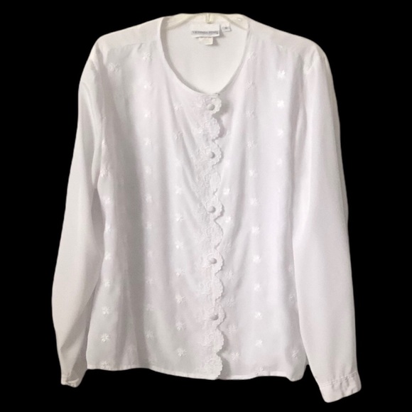 Victoria Jones Womens White Long-sleeve Scalloped Button Down Shirt Top Size 10 - Picture 2 of 11